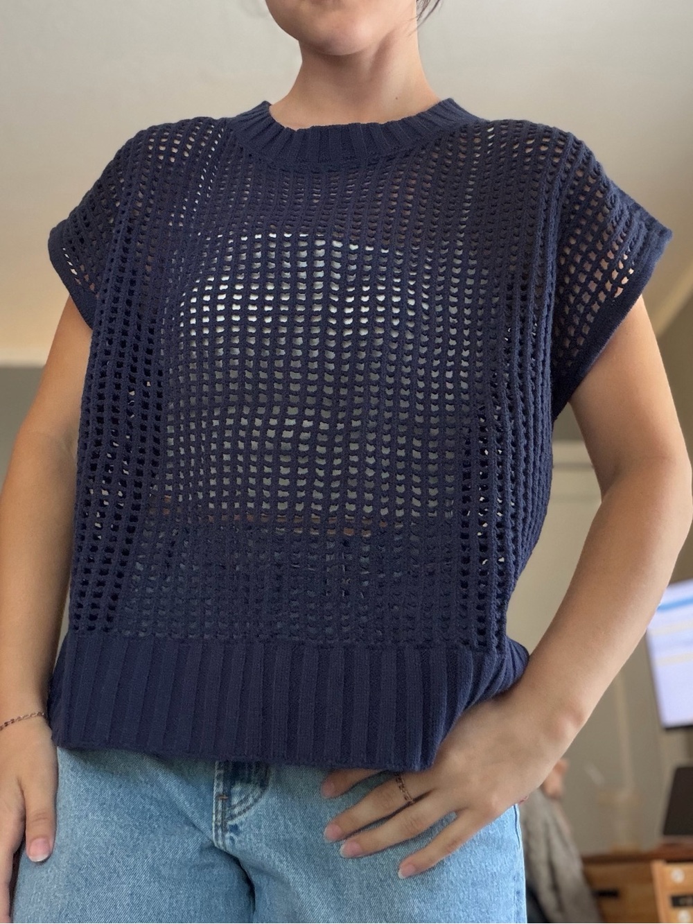 Navy Blue Open-Knit Sleeveless Sweater Top